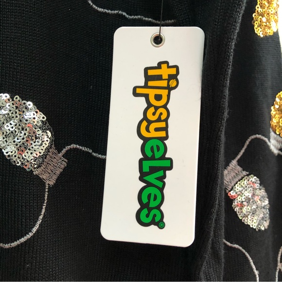 Tipsy Elves black knit silver and gold string lights size M NWT shimmer shine - Picture 11 of 15